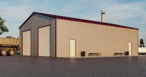 Large tan metal commercial building with red trim, two roll-up doors and two walk-in doors